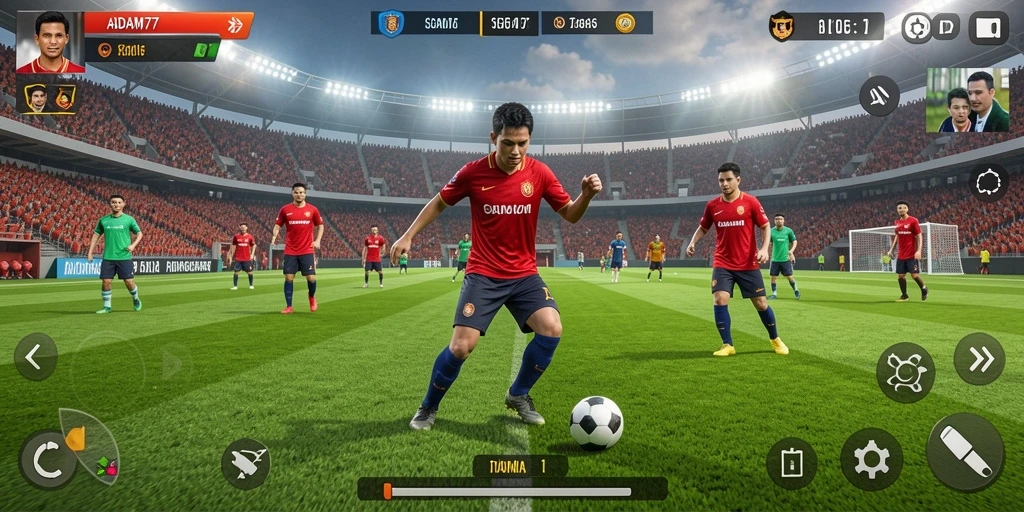 Screenshot menunjukkan pemain dalam aksi nyata di lapangan sepak bola.