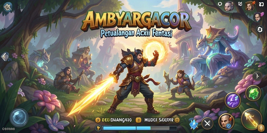 Screenshot utama AMBYARGACOR menampilkan pertempuran epik dalam dunia fantasi.