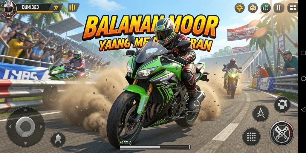 Gameplay BUMI303 yang seru dan menegangkan di lintasan balap.