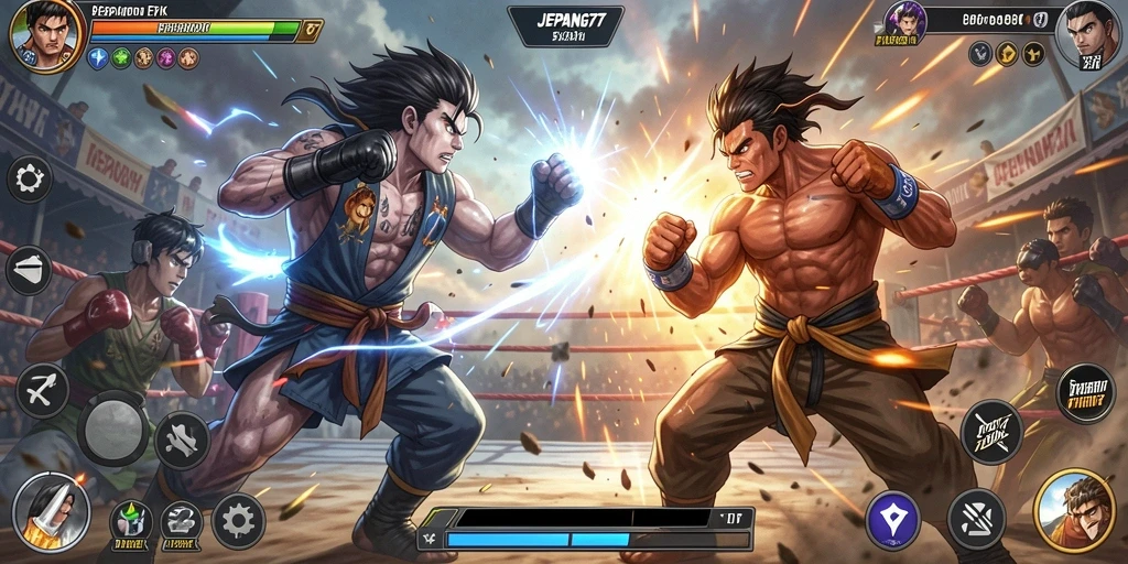 Tampilan gameplay pertarungan seru di JEPANG77 yang memukau.