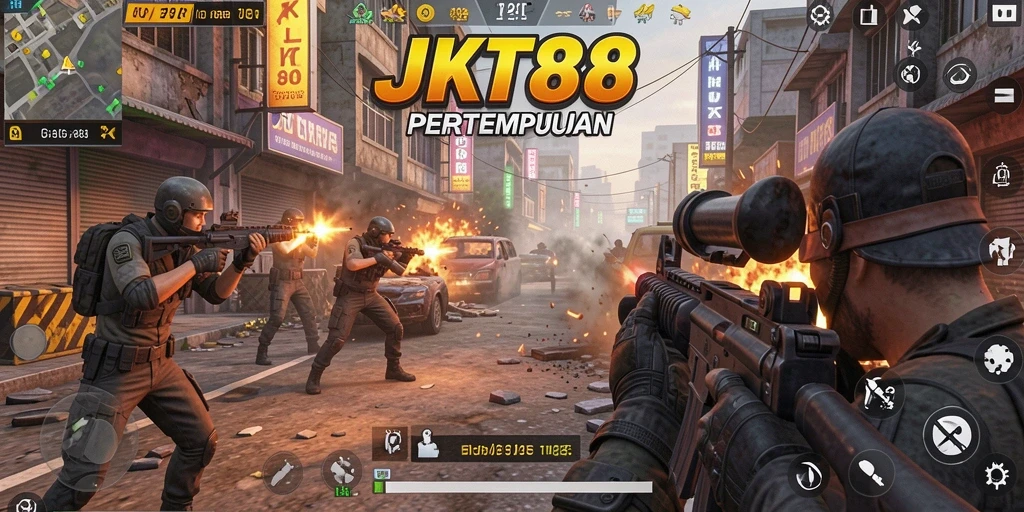 Screenshot gameplay JKT88 menampilkan aksi menembak yang intens.