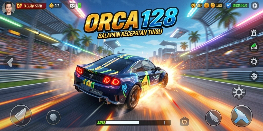 Gameplay balapan seru di ORCA128 dengan trek menantang.