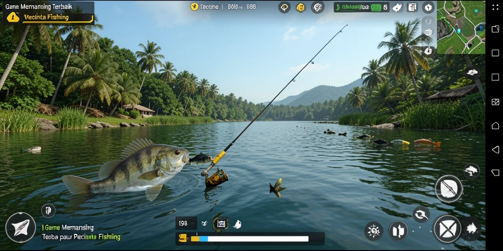 Tampilan gameplay V98 dengan suasana memancing yang menenangkan.