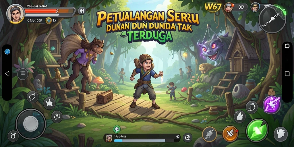 Screenshot utama W67 menunjukkan gameplay petualangan yang mendebarkan.